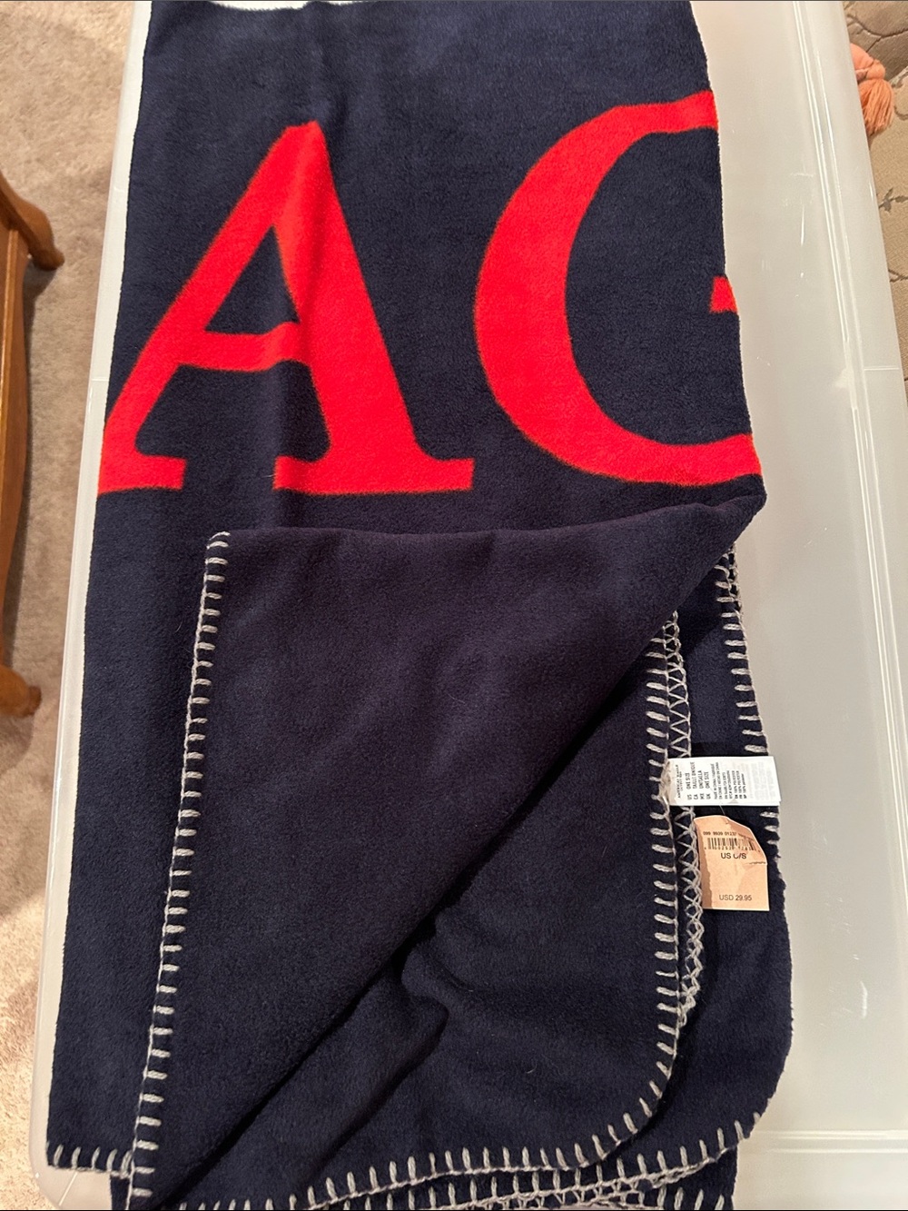 American Eagle Outfitters Navy and Red Fleece Logo Blanket